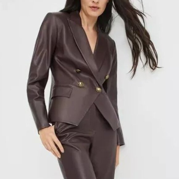 Veronica Beard Gail Double Breasted Leather Dickey Jacket in Burgundy Size 4 - Picture 2 of 13